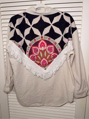 Fringe Accent Cream Button-Down Shirt with Pink Floral Back Panel